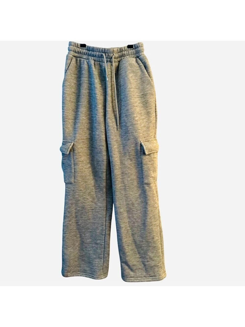 GREY CARGO TRACK PANTS ELASTICATED WAIST W/ DRAW STRING FLEECE WOMENS SZ SMALL